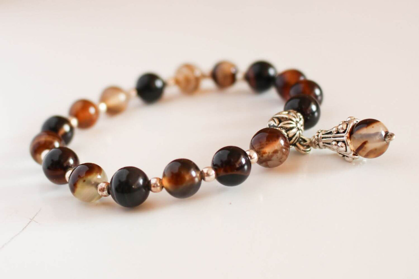 Japa Mala Pulsera de Agata - Piedra natural y mostacillas de plata