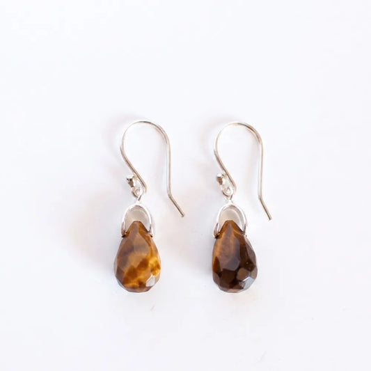 Aros gota de ojo de tigre facetado - Plata 950 y piedra natural
