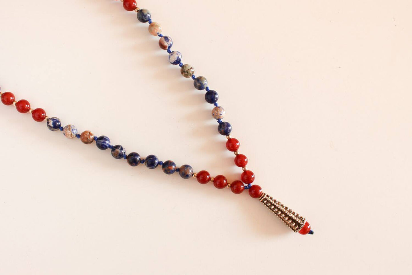 Japa Mala Sodalita y Cornalina - Piedras naturales y mostacilla de plata