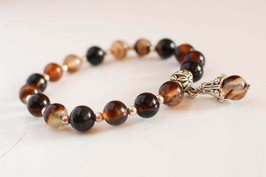 Japa Mala Pulsera de Agata - Piedra natural y mostacillas de plata