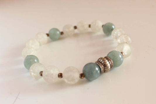 Japa Mala Pulsera Aguamarina y Cuarzo Cristal