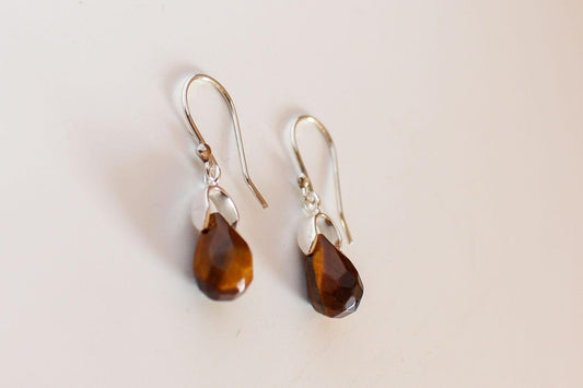 Aros gota de ojo de tigre facetado - Plata 950 y piedra natural