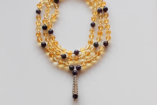 Japa Mala Citrino y Granate - Piedras naturales y mostacillas de plata