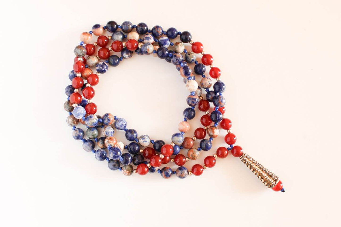 Japa Mala Sodalita y Cornalina - Piedras naturales y mostacilla de plata